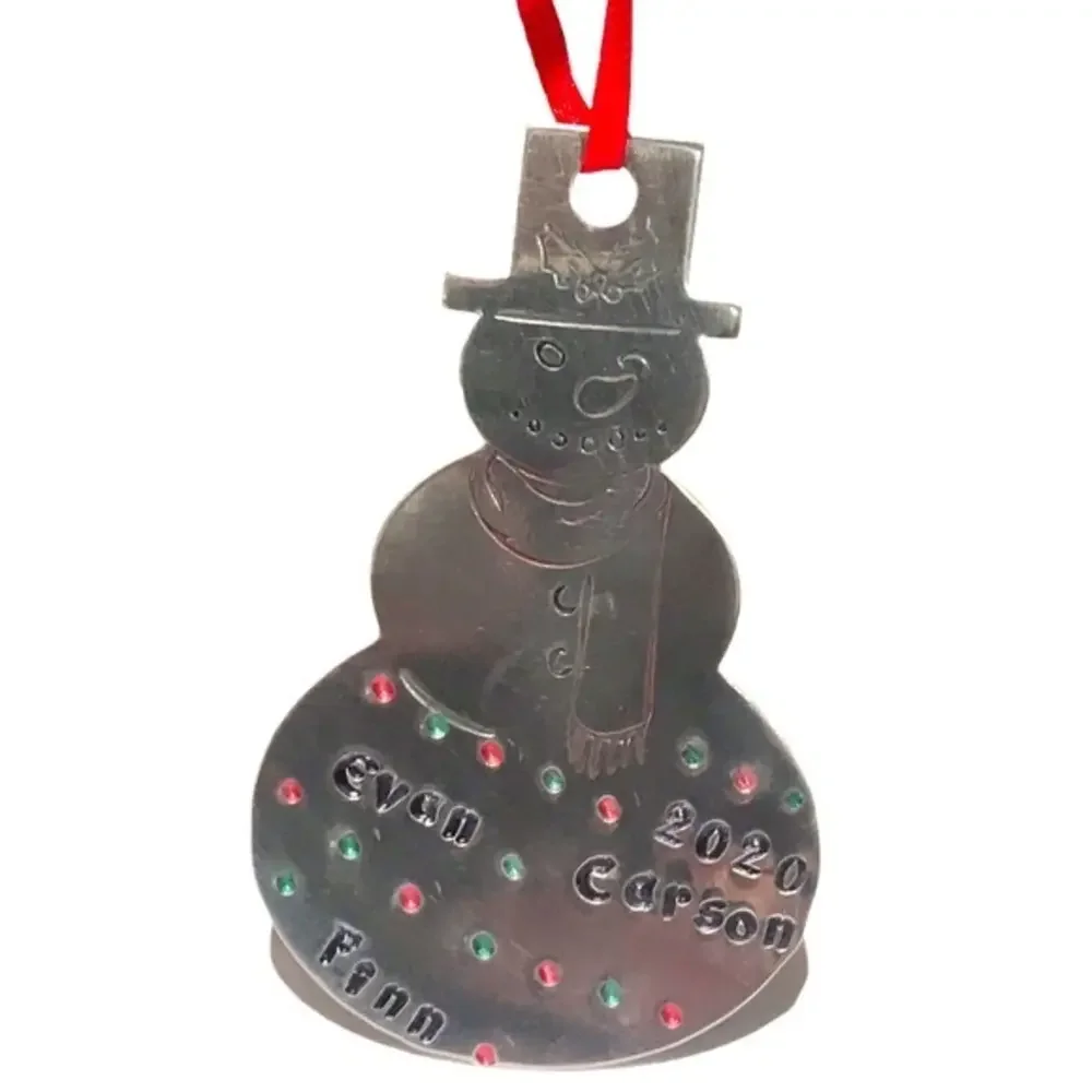 Handmade stamped silver aluminum personalized snowman holiday Christmas ornament